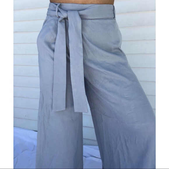 OAK + FORT Blue Leg Slit Front Tie Wide Pants - Picture 3 of 4